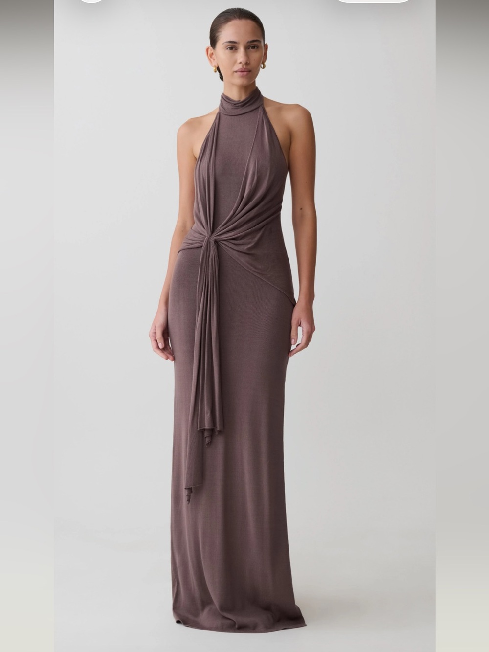 Meshki -Halter Knot-Front Maxi Dress in Taupe